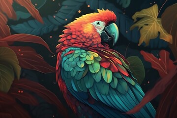 Fototapeta premium Colorful parrots in forest, generative ai