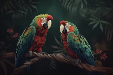 Obraz premium Colorful parrots in forest, generative ai