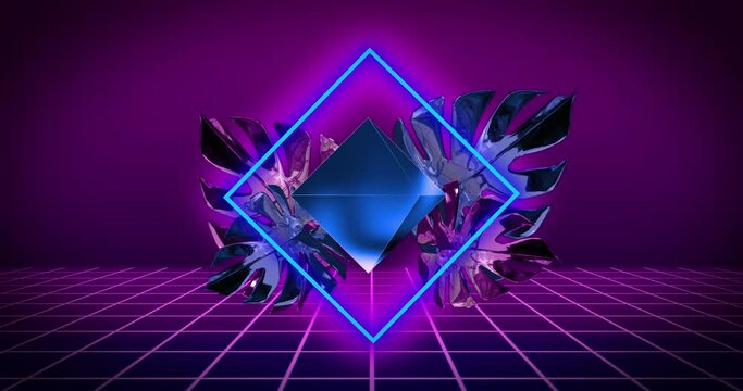 Animation of diamond, neon square and leaves with glitch over grid