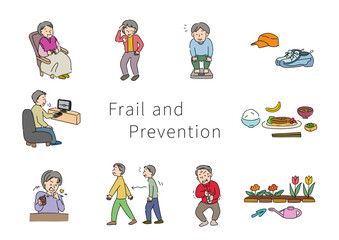 フレイル（健康と要介護の間の虚弱な状態）の兆候があるシニア世代、フレイル予防の柱になる運動、食事、社会貢献のベクターイラスト