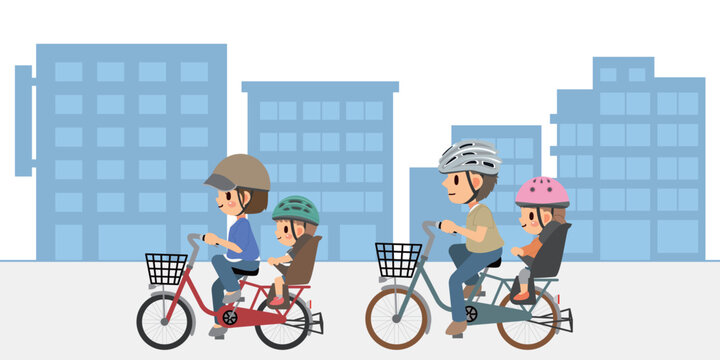 街並みを走る子供載せ自転車の4人家族
