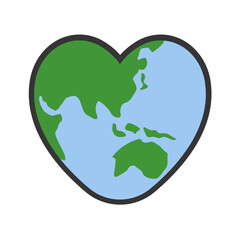 Heart shaped planet earth icon. Save the world. Eco friendly environmental message. Love. Map centered in Australia and East Asia.