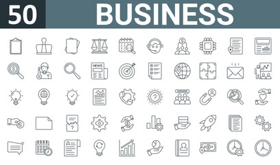 Fototapeta na wymiar set of 50 outline web business icons such as clipboard, binder clip, blank page, balance, event analytics, customer support, employee benefits vector thin icons for report, presentation, diagram,