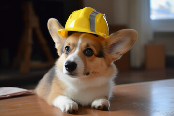 Cute corgi dog in a yellow construction helmet . Created using generative AI tools