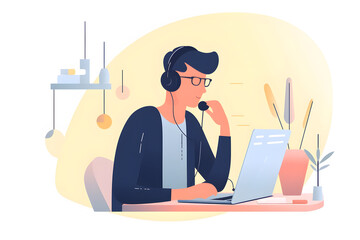 Flat vector illustration Asian man calling center and consulting customer service, help or office support with headset on computer. Male consultant agent talking on PC with headset for telemarketing o