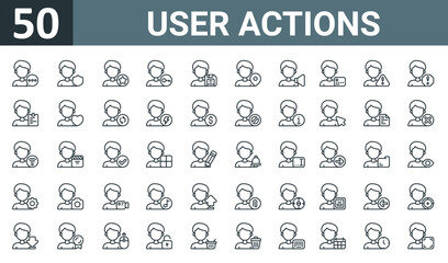 Fototapeta na wymiar set of 50 outline web user actions icons such as user, user, vector thin icons for report, presentation, diagram, web design, mobile app.