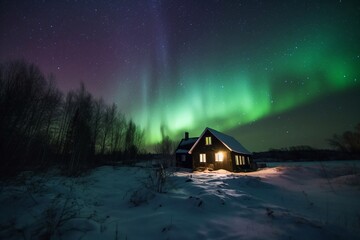 house in the forest with aurora over the night sky