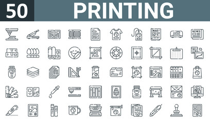 Fototapeta na wymiar set of 50 outline web printing icons such as d printer, cutter, book, ink, pdf, t shirt, label vector thin icons for report, presentation, diagram, web design, mobile app.