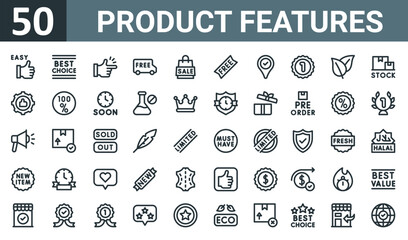 Fototapeta na wymiar set of 50 outline web product features icons such as easy, best choice, easy to use, free delivery, sale, free, just arrived vector thin icons for report, presentation, diagram, web design, mobile