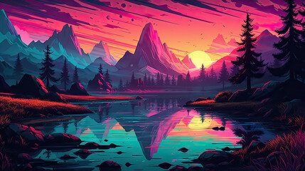 Fototapeta na wymiar Retrowave neon landscape woods and lake with a view to the sunset the mountains illustration made with Generative AI