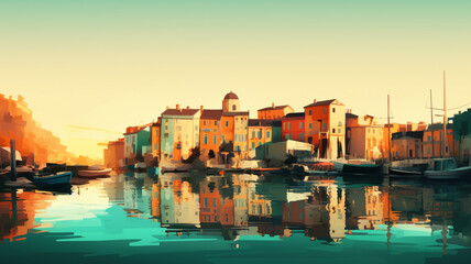 Obraz premium Serene Sunrise Landscapes: Captivating Coastal & Border Town Scenes, Tranquil Morning Ambience, Scenic Views, Waterfront Beauty, Idyllic Outdoor Settings, and Breathtaking Nature Panoramas