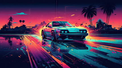 Fototapeta na wymiar Retrowave neon road car in the highway illustration made with Generative AI