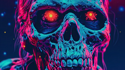 Close up skull with red eyes retrowave illustration mad with Generative AI