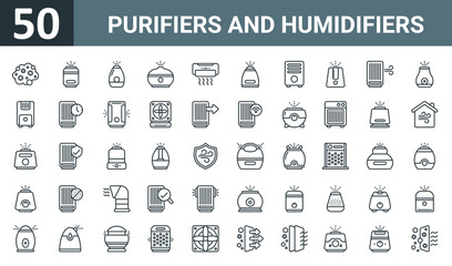 Fototapeta na wymiar set of 50 outline web purifiers and humidifiers icons such as cloud, humidifier, humidifier, humidifier, purifier vector thin icons for report, presentation, diagram, web design, mobile app.