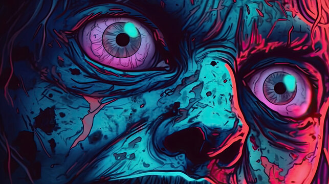Close up zombie face retrowave illustration mad with Generative AI