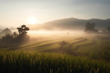 Obraz premium sunrise in rice fields with hills