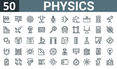 Fototapeta na wymiar set of 50 outline web physics icons such as test tubes, pie chart, gear, sound fork, force, refraction, gravity vector thin icons for report, presentation, diagram, web design, mobile app.