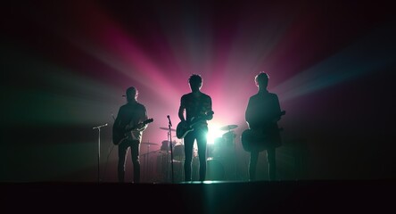 Music Concert retro 80s and 90s background. Punk Rock band playing, guitar and instruments. Psychic Waves, nostalgia, vintage. Vaporwave, synthwave, chillwave. Wallpaper, template. Generative AI.