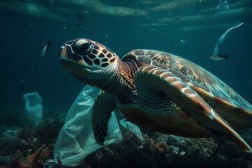 Obraz premium turtles swimming in the sea full of plastic generative ai