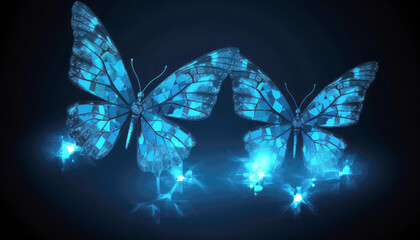 Beautiful glowing blue fractal butterflies abstract on black background. Business transformation innovation and disruption concept. Generative AI