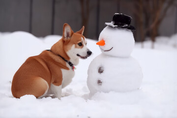 Funny puppy corgi build a snowman in a winter park. Created using generative AI.