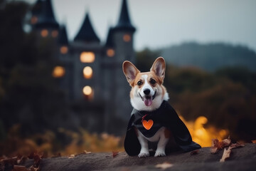 Cute corgi in Halloween costume, mystery castle background. Created using AI tools.