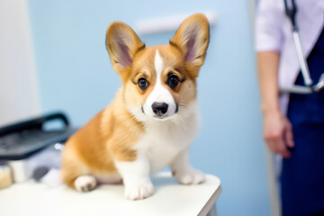 Corgi puppy in veterinary clinic. Creating using generative AI