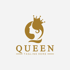 Beautiful face queen icon logo.for queen logo.Beauty woman hair salon golden logo. cosmetic, skin care business logo