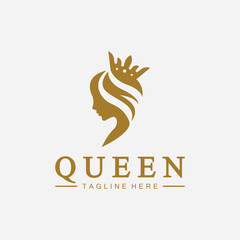 Beautiful face queen icon logo.for queen logo.Beauty woman hair salon golden logo. cosmetic, skin care business logo