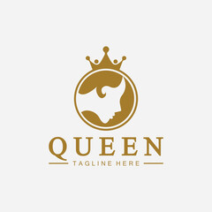 Beautiful face queen icon logo.for queen logo.Beauty woman hair salon golden logo. cosmetic, skin care business logo