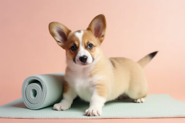 Cute Corgi puppy on yoga mat. Created using generative AI. - obrazy, fototapety, plakaty