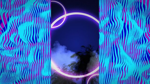 Animation of blue shapes and neon circles over tree and clouds