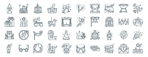 set of 40 outline web party icons such as city, present, vip room, spray, fine dining, candies, sparkler icons for report, presentation, diagram, web design, mobile app - obrazy, fototapety, plakaty
