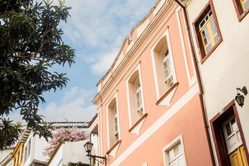 Ouro Preto, Minas Gerais, Brazil – April, 7, 2023. Typical baroque architecture of the historic city of Ouro Preto. Pilar Church and Rosario Church area.