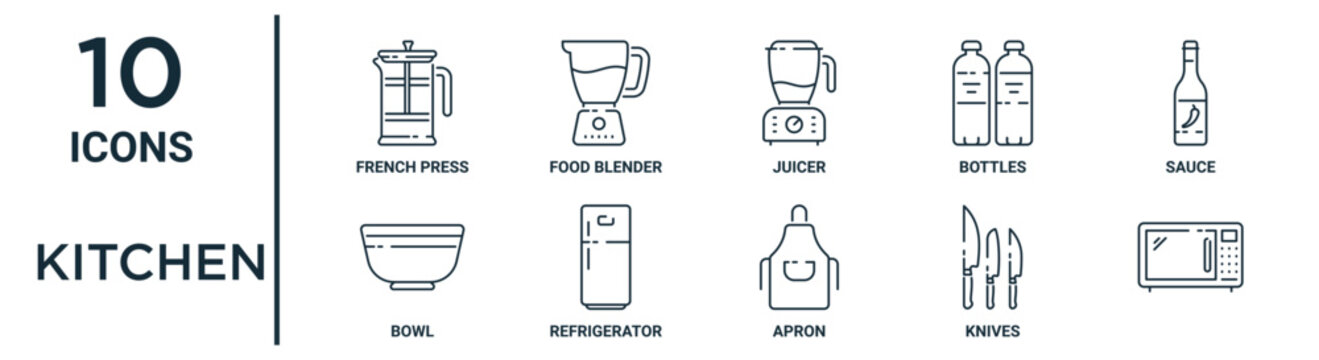 kitchen outline icon set includes thin line french press, juicer, sauce, refrigerator, knives, , bowl icons for report, presentation, diagram, web design