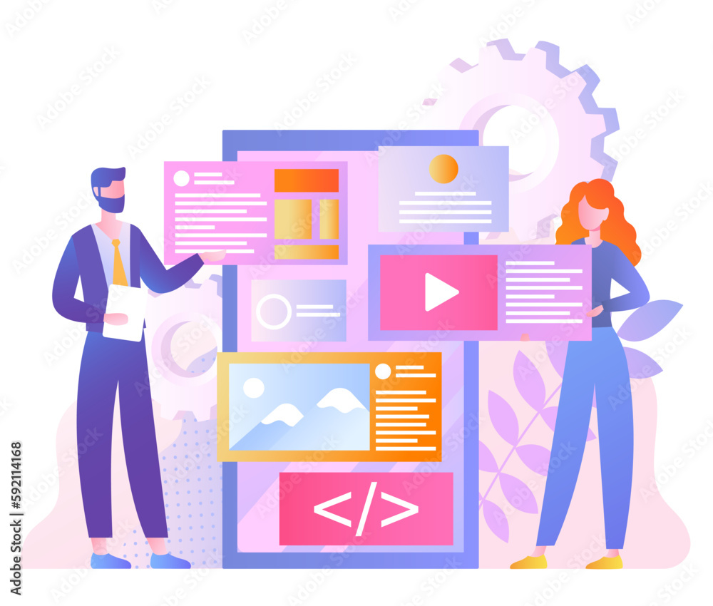 Poster ui and ux design concept. man and woman designing interface elements for mobile application or progr