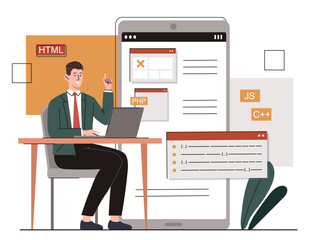 Manual coding concept. Man with laptop develops mobile application or program, software for computer. Programmer and IT specialist in workplace, testing code. Cartoon flat vector illustration