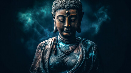 Buddha statue. buddha idol on dark background. - obrazy, fototapety, plakaty
