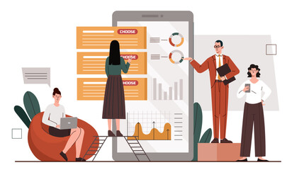 Design development concept. Men and women design interface elements for mobile programs and applications. Graphs, diagrams and charts. UI and UX design. Cartoon flat vector illustration