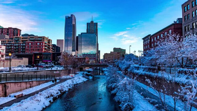 Downtown river with skyscrapers, day to night, sunset, time-lapse, Denver, 4K