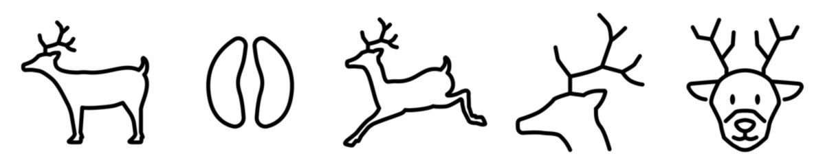 Conjunto de iconos de ciervo. Animal vertebrado. Venado, reno de navidad, rosto y huella de ciervo. Ilustración vectorial