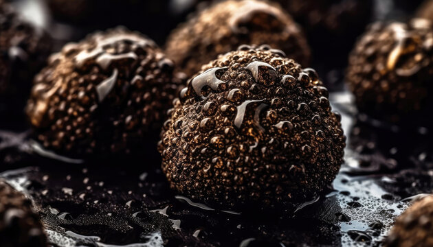 Close up of clean Black Truffle with water drop in dark black background. Fresh fruit and Vegetable concept. Nutrition and vitamin theme. Generative AI