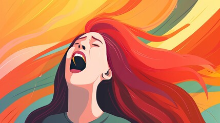 Young woman screaming into the air. Call for help. Emotional nervous breakdown. Mental health. Psychological pain. Cope with stress. Colorful hair flying. Generative AI.