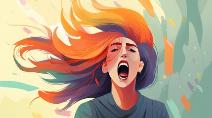 Obraz premium Young woman screaming into the air. Call for help. Emotional nervous breakdown. Mental health. Psychological pain. Cope with stress. Colorful hair flying. Generative AI.