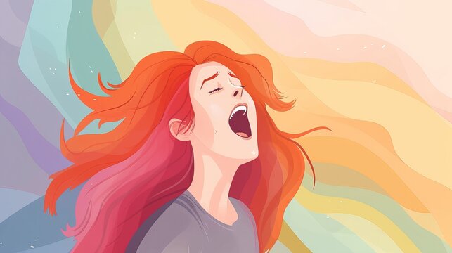 Young woman screaming into the air. Call for help. Emotional nervous breakdown. Mental health. Psychological pain. Cope with stress. Colorful hair flying. (Or woman singing). Generative AI.