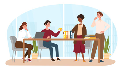 Business meeting concept. Man and women standing near table in office. Board of directors brainstorming and discuss. Collaboration and cooperation, partnership. Cartoon flat vector illustration