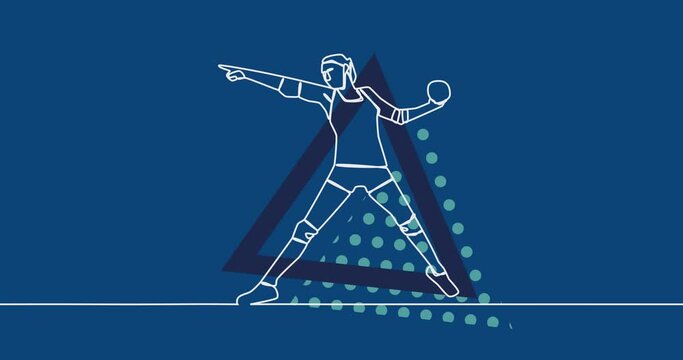 Animation of drawing of female handball player throwing ball and triangles on blue background