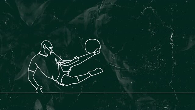 Animation of drawing of male soccer player kicking ball and shapes on black background