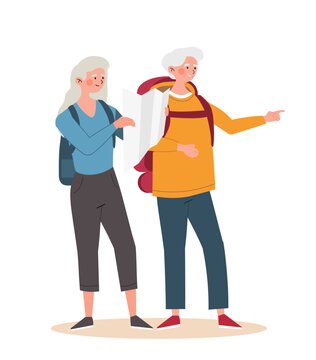 Elderly tourists concept. Grandmother with map and grandfather with backpack looking for way. Travel and adventure. Tourists on hike, active lifestyle and camping. Cartoon flat vector illustration