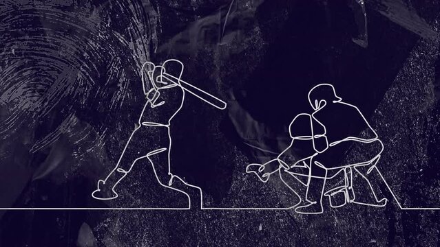 Animation of drawing of male baseball players and shapes on black background